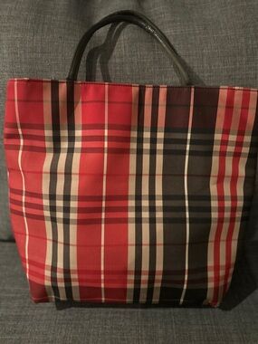 BURBERRY Plaid Tote Bag in Red and Black